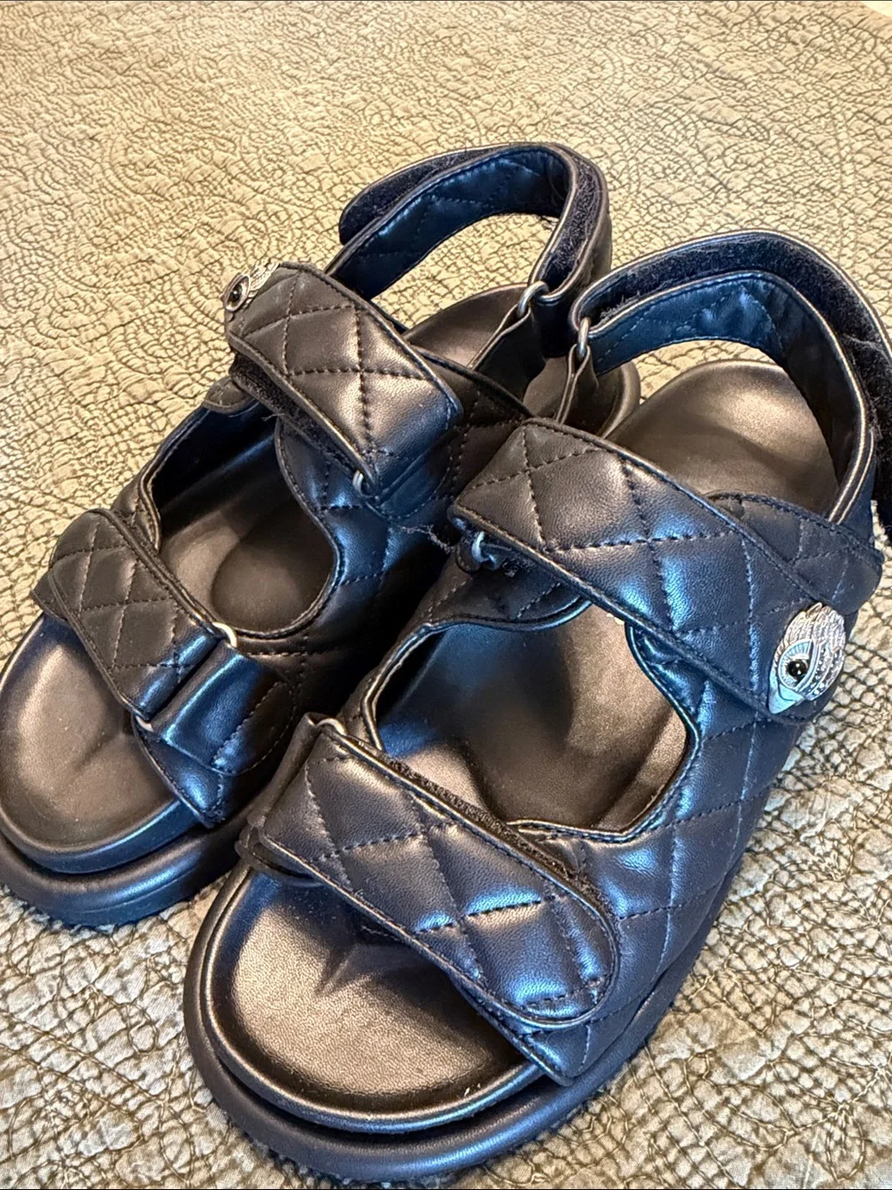 Kurt Geiger Black Quilted Leather Sandals with Silver Button Accent